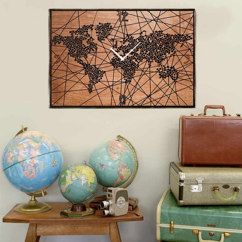 Επιτοίχιο vintage ξύλινο χειροποίητο ρολόι spots in the world 64x48 εκ