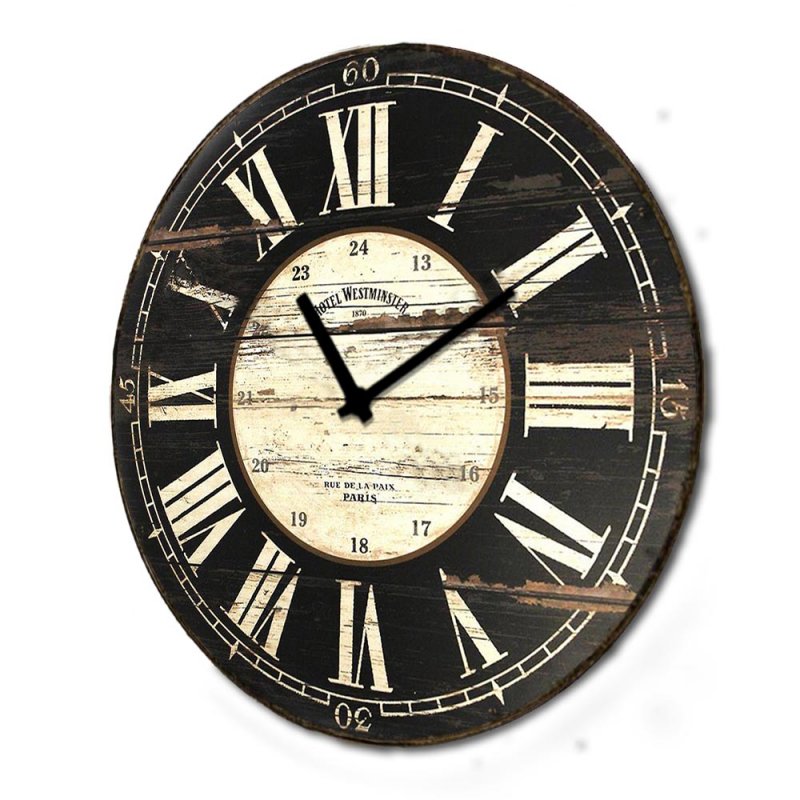 Vintage ξύλινο στρογγυλό ρολόι τοίχου roman numbers noir