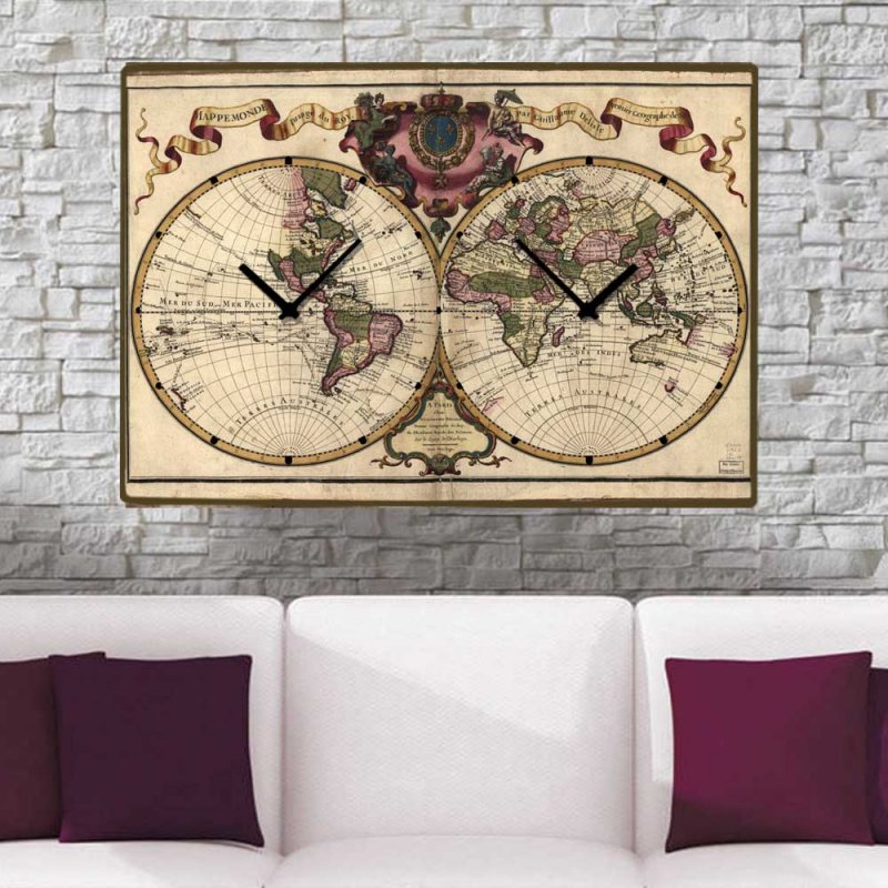World ρολόι τοίχου ξύλινο χειροποίητο με διπλή ώρα 64x48 cm
