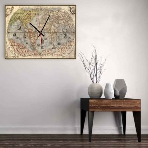 Vintage χειροποίητο ρολόι τοίχου ξύλινο ancient world map 64x48 εκ 