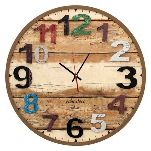 Στρογγυλό ξύλινο ρολόι τοίχου με χρωματιστά νούμερα