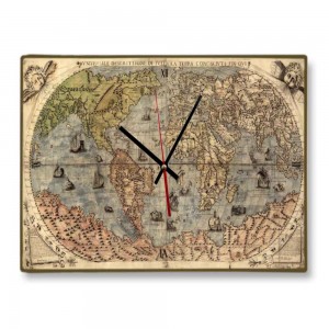 Vintage χειροποίητο ρολόι τοίχου ξύλινο ancient world map 64x48 εκ 