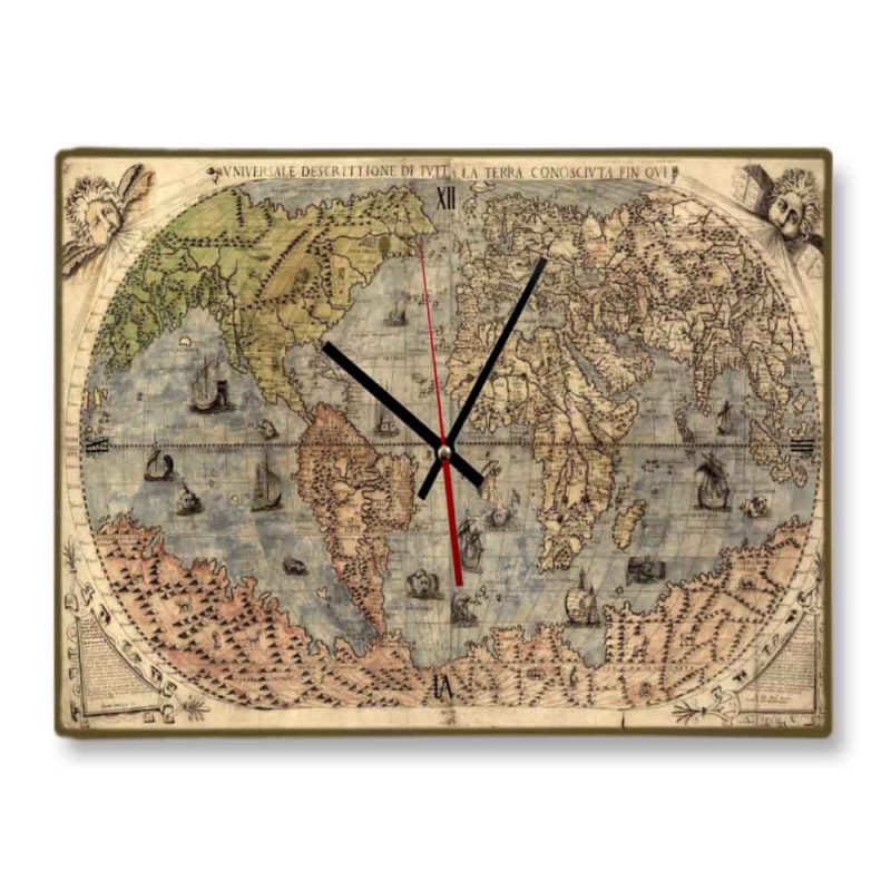 Vintage χειροποίητο ρολόι τοίχου ξύλινο ancient world map 64x48 εκ