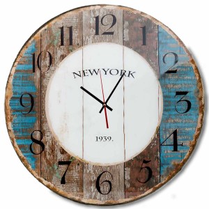 Vintage στρογγυλό ρολόι τοίχου New York 1939 από ξύλο χειροποίητο