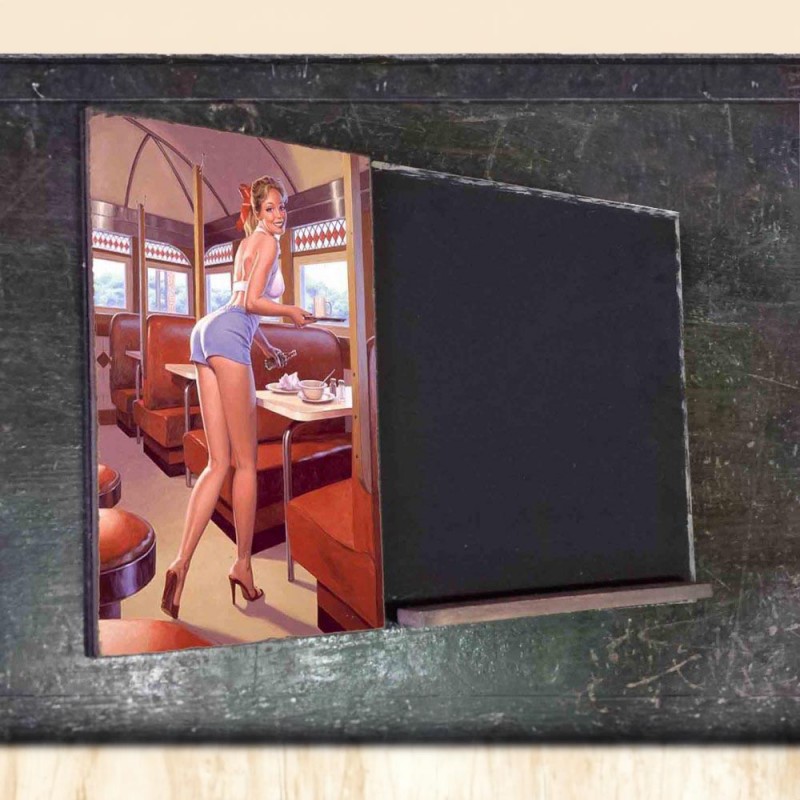 Diner pin up girl ξύλινος χειροποίητος μαυροπίνακας 38x26 εκ