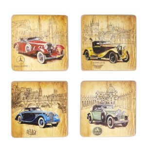 Σουβέρ ξύλινα χειροποίητα με vintage αυτοκίνητα σετ των τεσσάρων