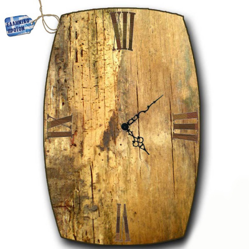 Vintage ρολόι τοίχου grunge wood oval ξύλινο χειροποίητο 32x48 εκ