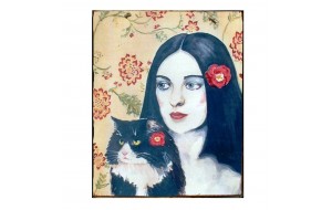 Ξύλινος πίνακας χειροποίητος woman and the cat 20x25 εκ