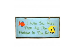 Ξύλινος ρετρό πίνακας χειροποίητος I love you more than all the fishies in the sea  26x13 εκ
