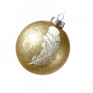 Χριστουγεννιάτικη μπάλα χρυσή με κρακελέ επιφάνεια και σχέδιο λευκό φτερό10 εκ