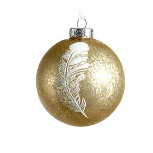 Χριστουγεννιάτικη μπάλα χρυσή με κρακελέ επιφάνεια και σχέδιο λευκό φτερό10 εκ