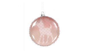 Χριστουγεννιάτικη μπάλα γυάλινη πλακέ ροζ με ελαφάκι 10 εκ