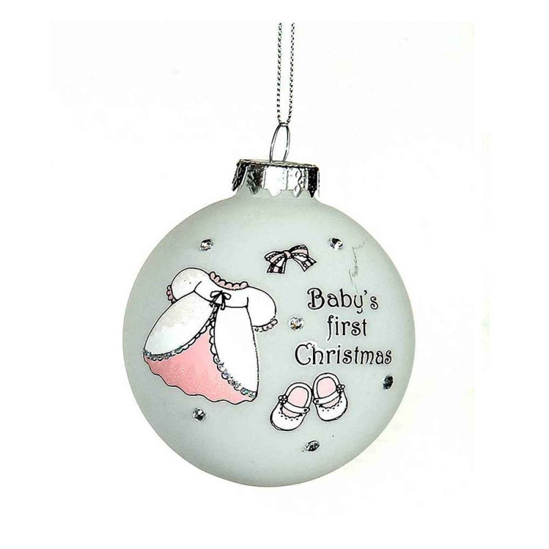 Μπάλα γυάλινη Babys first Christmas με κοριτσίστικα ρούχα ροζ 8 εκ