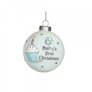 Μπάλα γυάλινη με cupcake και πιπίλα γαλάζια Baby's first Christmas 8εκ.