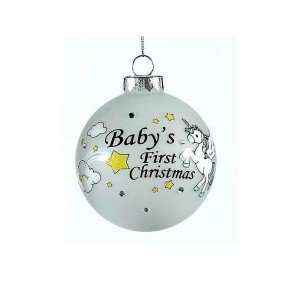 Μπάλα χριστουγεννιάτικη λευκή με μονόκερο γαλάζιο Baby s First Christmas 8 εκ