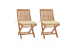 Καρέκλες κήπου σετ δύο τεμαχίων από μασίφ ξύλο teak με λευκά κρεμ μαξιλάρια