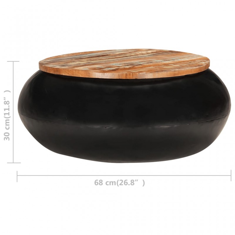 Τραπεζάκι σαλονιού στρογγυλό με μαύρη βάση από μασίφ ανακυκλωμένο ξύλο 68x30 εκ