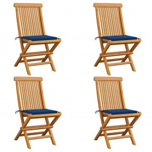 Καρέκλες Κήπου 4 τεμ. Μασίφ Ξύλο Teak με Μπλε Ρουά Μαξιλάρια
