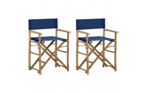  Καρέκλες σκηνοθέτη πτυσσόμενες από μπαμπού με μπλε ύφασμα σετ δύο τεμαχίων