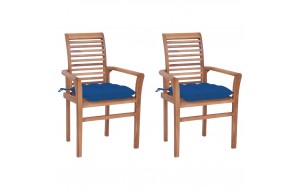 Καρέκλες Τραπεζαρίας 2 τεμ. Μασίφ Ξύλο Teak με Μπλε Μαξιλάρια