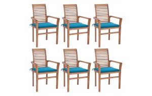 Καρέκλες Τραπεζαρίας 6 τεμ. Μασίφ Ξύλο Teak & Μπλε Μαξιλάρια