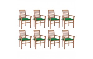 Καρέκλες Τραπεζαρίας 8 τεμ. Μασίφ Ξύλο Teak & Πράσινα Μαξιλάρια