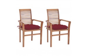 Καρέκλες Τραπεζαρίας 2 τεμ. Μασίφ Ξύλο Teak & Μπορντό Μαξιλάρια