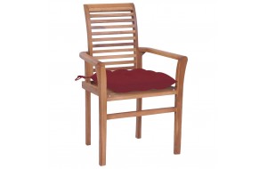 Καρέκλες Τραπεζαρίας 2 τεμ. Μασίφ Ξύλο Teak & Μπορντό Μαξιλάρια