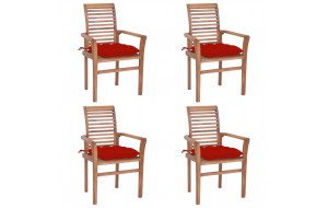 Καρέκλες Τραπεζαρίας 4 τεμ. Μασίφ Ξύλο Teak & Κόκκινα Μαξιλάρια