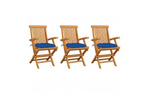 Καρέκλες Κήπου 3 τεμ. από Μασίφ Ξύλο Teak με Μπλε Μαξιλάρια