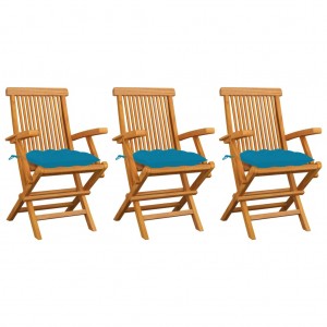 Καρέκλες Κήπου 3 τεμ. από Μασίφ Ξύλο Teak με Γαλάζια Μαξιλάρια