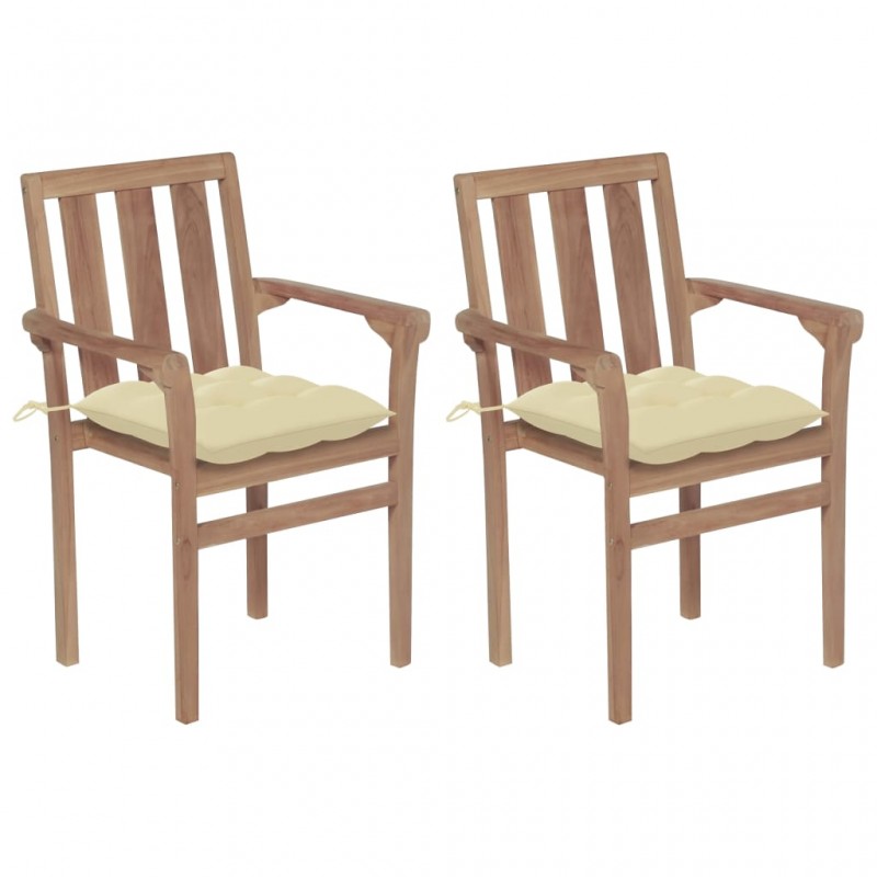 Καρέκλες Κήπου 2 τεμ. από Μασίφ Ξύλο Teak Λευκά Κρεμ Μαξιλάρια