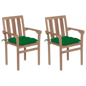 Καρέκλες Κήπου 2 τεμ. από Μασίφ Ξύλο Teak με Πράσινα Μαξιλάρια