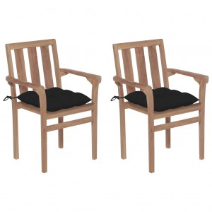 Καρέκλες Κήπου 2 τεμ. από Μασίφ Ξύλο Teak με Μαύρα Μαξιλάρια