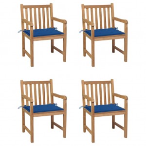 Καρέκλες Κήπου 4 τεμ από Μασίφ Ξύλο Teak με Μπλε Ρουά Μαξιλάρια