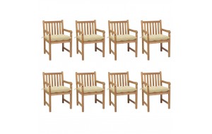 Καρέκλες Κήπου 8 τεμ. Μασίφ Ξύλο Teak με Λευκά Κρεμ Μαξιλάρια