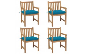 Καρέκλες Κήπου 4 τεμ. από Μασίφ Ξύλο Teak με Γαλάζια Μαξιλάρια