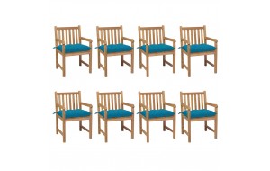 Καρέκλες κήπου από μασίφ ξύλο teak με γαλάζια μαξιλάρια 8 τεμ 
