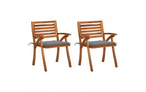 Καρέκλες τραπεζαρίας κήπου από μασίφ ξύλο ακακίας με γκρί μαξιλάρια 2 τεμ