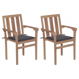 Καρέκλες κήπου από μασίφ ξύλο teak με ανθρακί μαξιλάρια 2 τεμ