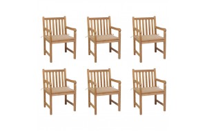 Καρέκλες κήπου από μασίφ ξύλο teak με μπεζ μαξιλάρια 6 τεμ 