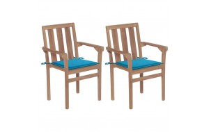  Καρέκλες Κήπου 2 τεμ. από Μασίφ Ξύλο Teak με Μπλε Μαξιλάρια