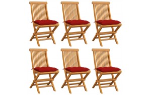 Καρέκλες Κήπου 6 τεμ. από Μασίφ Ξύλο Teak με Κόκκινα Μαξιλάρια