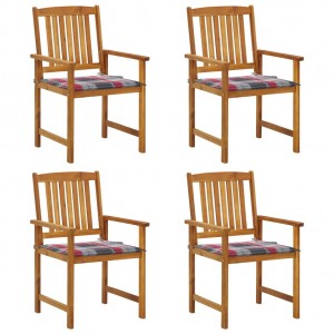 Καρέκλες κήπου 4 τεμ. Από μασίφ ξύλο ακακίας με καρώ μαξιλάρια
