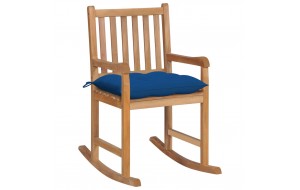 Πολυθρόνα κουνιστή από μασίφ ξύλο teak με μπλε μαξιλάρι