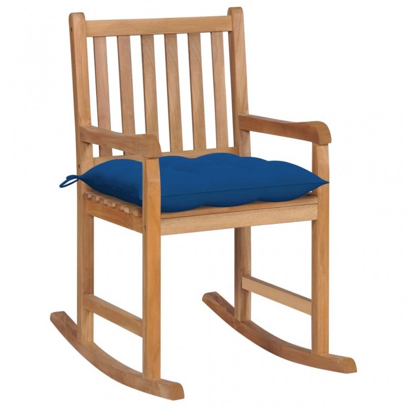 Πολυθρόνα κουνιστή από μασίφ ξύλο teak με μπλε μαξιλάρι