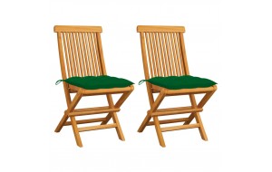Καρέκλες κήπου 2 τεμ. Από μασίφ ξύλο teak με πράσινα μαξιλάρια
