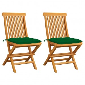 Καρέκλες κήπου 2 τεμ. Από μασίφ ξύλο teak με πράσινα μαξιλάρια