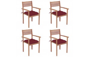 Καρέκλες κήπου 4 τεμ. Από μασίφ ξύλο teak με μπορντό μαξιλάρια