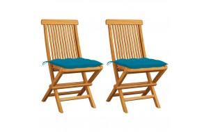 Καρέκλες κήπου 2 τεμ. Από μασίφ ξύλο teak με γαλάζια μαξιλάρια